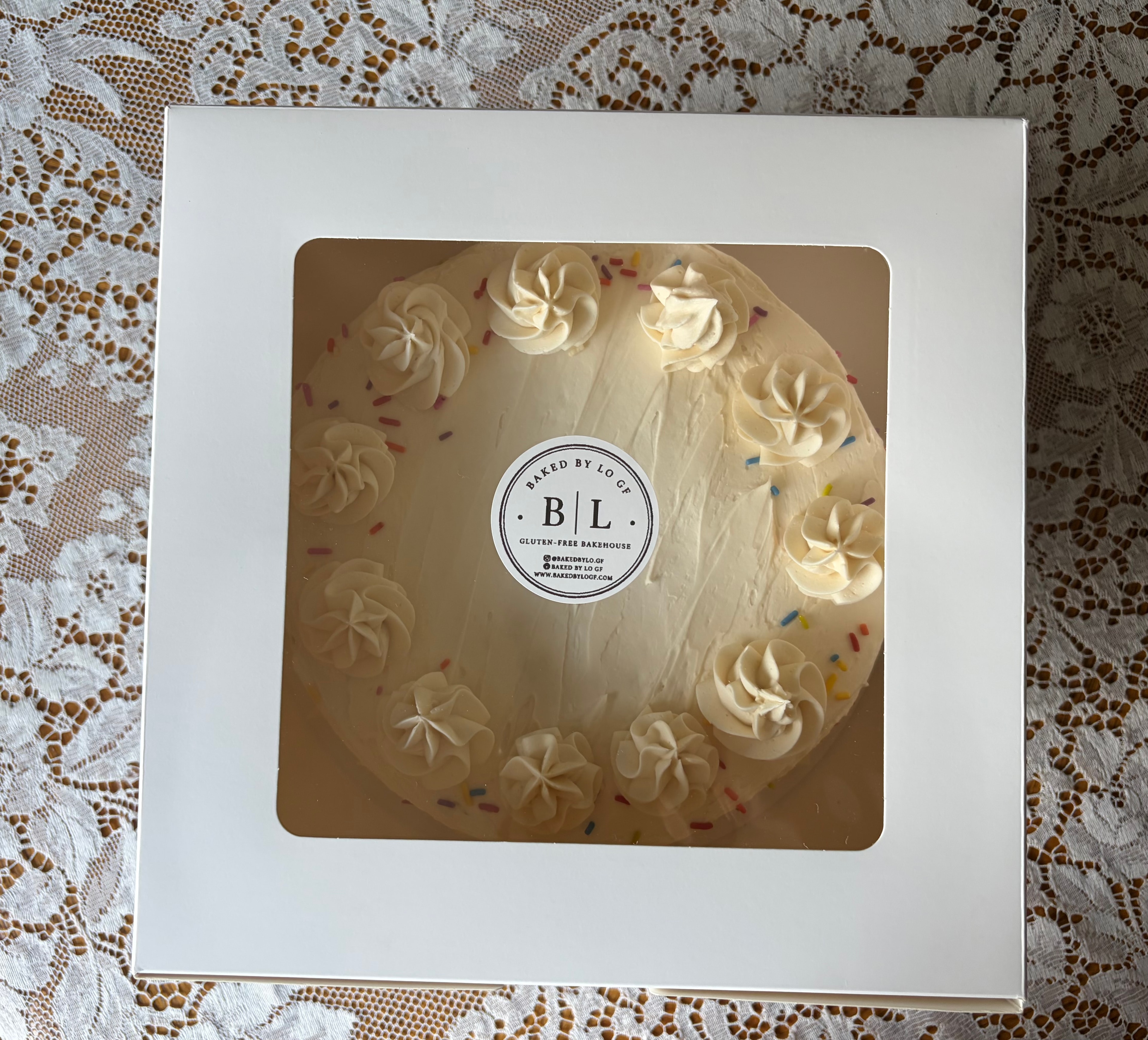 Baked by Lo gluten-free vanilla cake with sprinkles top view